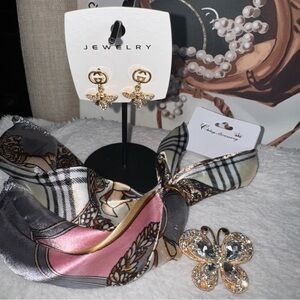 3-Piece Luxe Accessories Bundle-Bee Earrings, Silk-Feel Scarf & Butterfly Brooch